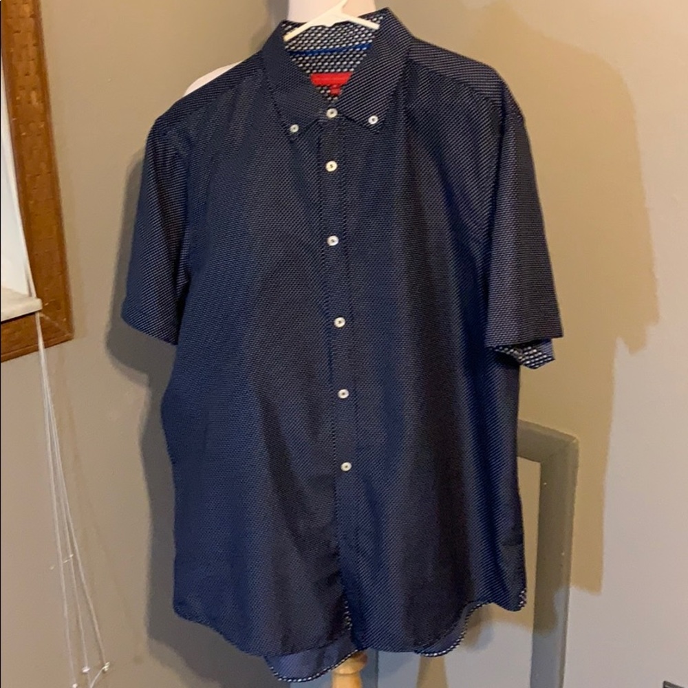 NAVY AND WHITE POLKA-DOT DRESS SHIRT. NWOT